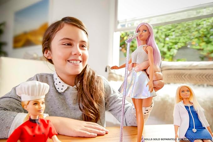 Barbie Careers Fashion Doll & Accessory, Pop Star with Pink Hair & Brown Eyes Wearing Iridescent Skirt with Microphone