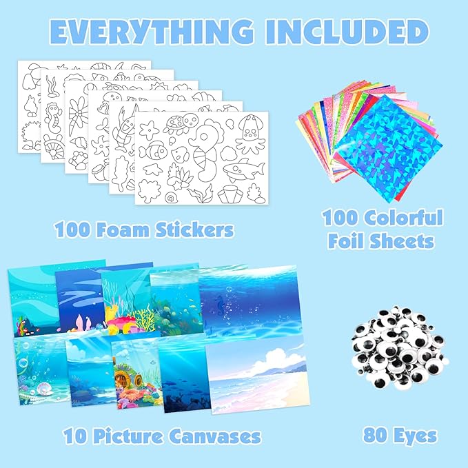 AJAZPER Foil Crafts for Kids, Arts Kit for Kids, Art & Craft Supplies Kits, DIY Creative Activity Travel Toy Gift, Ideal Birthday Christmas Party Favor Gifts for Girls Boys Ages 4+ (Blue)