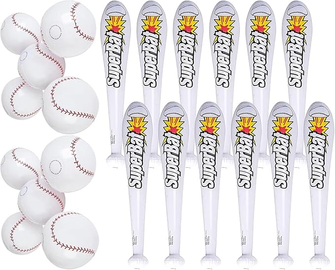 Inflatable Baseball Bats and Baseballs Set Includes 12-9 inch Inflate Baseballs, 12-24 Inch Baseball Bats