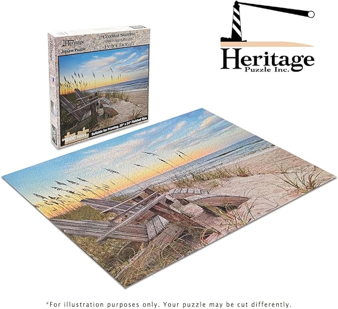 Heritage Puzzle Coastal Sunrise Beach Ocean Jigsaw Puzzle for Adults 1000 Pieces, Frameable 30" x 24" Relaxing Coastal Puzzles - Serene Scene on Sandy Shore by Peter Doran - Made in U.S.A.