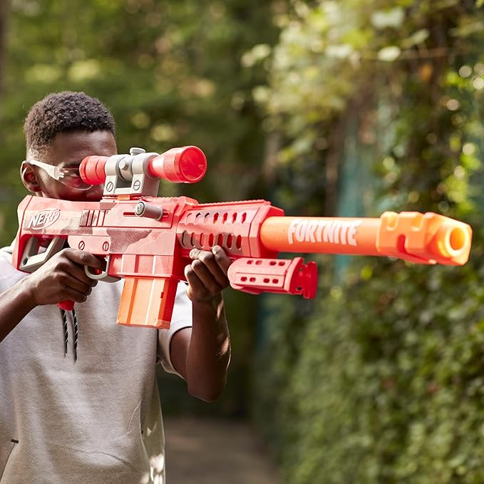Nerf Fortnite Heavy SR Blaster Scope; Big Blaster; 6 Mega Darts; 6-Dart Clip; Kids Toy Foam Blasters; Fortnite Toys for Boys and Girls