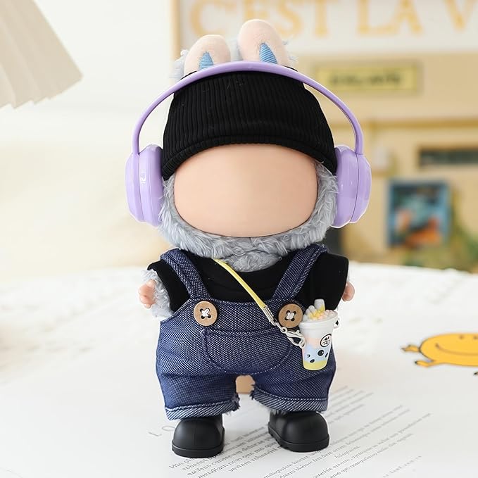 Clothes for Lu bubu 17cm Dolls(No Doll) Accessories, Stylish Kawaii Overalls Outfit Headphones Set 5 Pieces Suitable for 17cm Dolls , Doll Hat Headset Boots Clothing Set Replacement