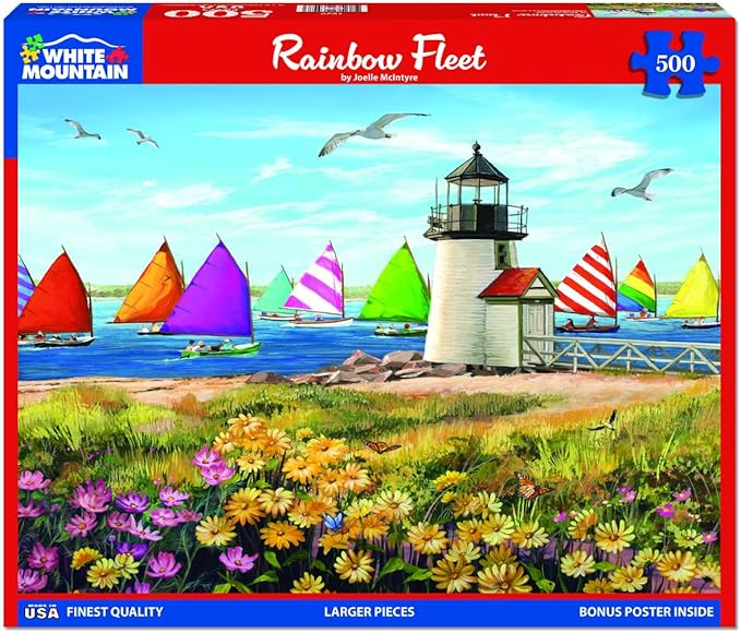 White Mountain 500 Piece Jigsaw Puzzle Summer Beach Sailboat Puzzles with Large Pieces Gift for Adults and Family 18"x24" - Rainbow Fleet