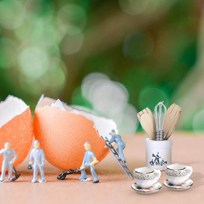 Skylety 37 Pieces 1:12 Scale Miniatures Dollhouse Kitchen Accessories Include 16 Plates Knife Fork Spoon, 6 Egg Beater Utensil, 15 Tea Cup Set(Flora Bloom)