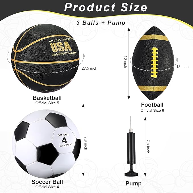 Libima 3 Pcs Sports Ball Set for Kids Teens Include Official Size Basketball Soccer Football with Pump and Carry Bag Training Practice Sport Back to School Gift
