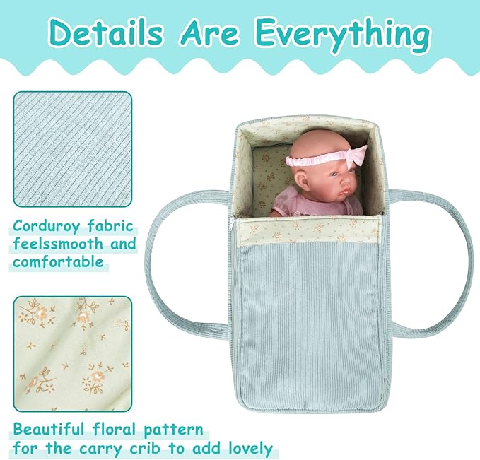 Rakki Dolli Doll Carrier Doll Carry Cot Carry Crib Set with Feeding Utensils Feeding & Changing Accessaries 7 Pieces Set, Fits for 16-18 Inch American Girl Dolls
