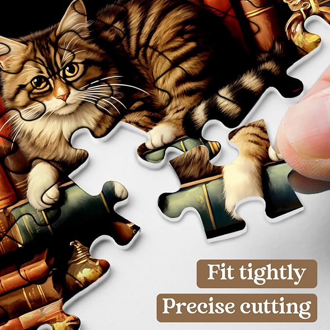 Vintage Cat Puzzles for Adults 1000 Pieces, Funny Kitten Book Jigsaw Puzzles, Retro Cat Bookshelf Animal Puzzle as Kitty Decor