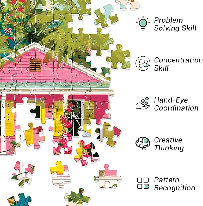 300 Piece Puzzles for Adults, Beauty Seaside Cottages Jigsaw Puzzles for Adult, Artwork of Beach with Surfboards and Ocean Puzzle, Leisure Puzzles for Friends, Game Nights Gifts, 20.5×15 in