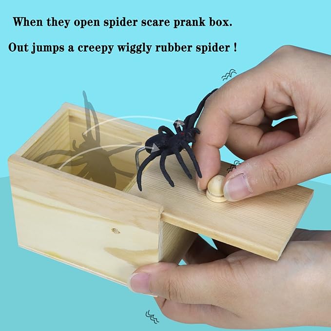 Motiloo Original Spider Prank Box,Handdmade Wooden Pop Out Rubber Spider Scare Box Joke Toys Prank for Kids & Adults Prank Gift Halloween