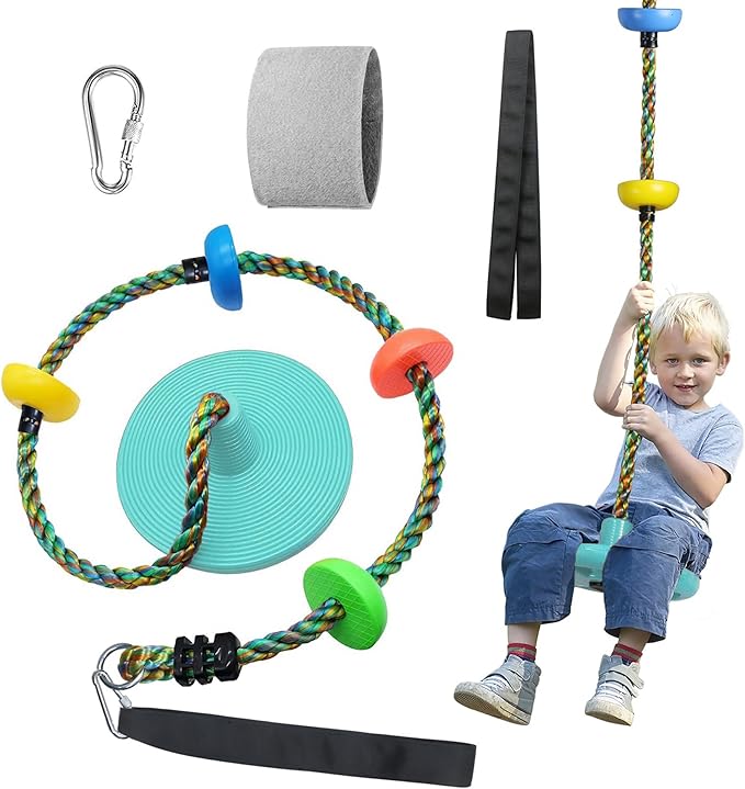 Tree Swing for Kids Backyard Single Disc Rope Seat for Tree Indoor Outdoor Playground Swing Set Accessories with Thickening 4 Ft Strap-Cyan