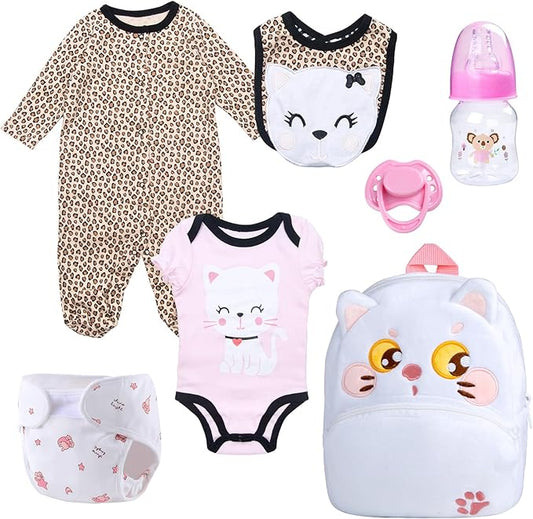 7 Pcs Baby Doll Clothes Accessories Set, 17-22 Inch Reborn Baby Dolls Clothes with Backpack Diaper Newborn Doll Outfit and Magnetic Pacifier&Fedding Bottle, Babies Pretend Play Stuffs