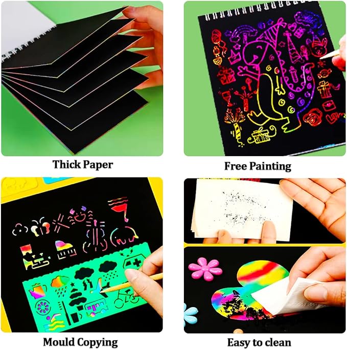 JUNQIU Scratch Paper Art for Kids, 2 Pack Bulk Rainbow Scratch Paper Crafts Toys for 3 4 5 6 7 8 9 10 Years Old Girls Kids Birthday Gifts