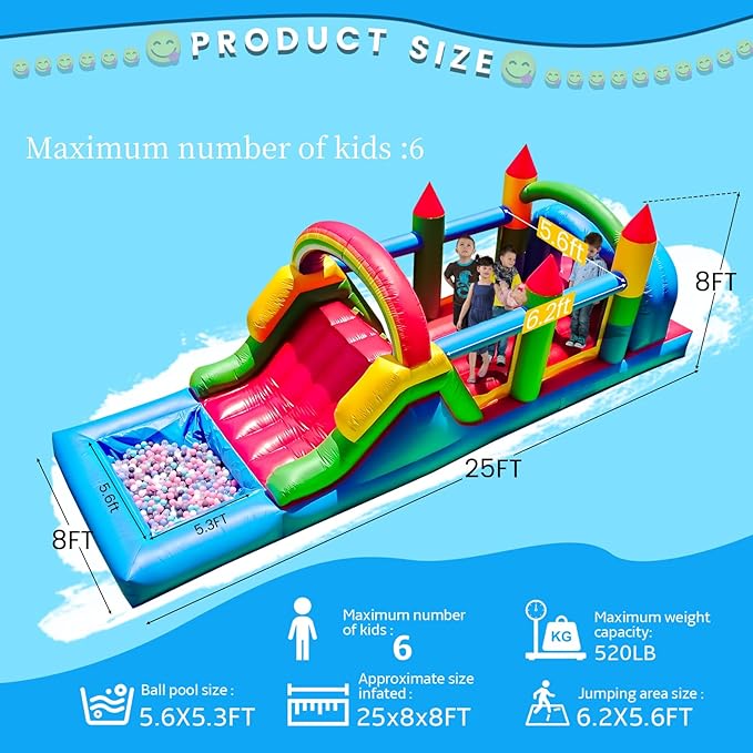 25FT Commercial Grade Bounce House for Big Kids 8-12 with Wet Dry Pool, 100% PVC Inflatable Obstacle Course Bounce House with Blower, 6 in1 Large Bounce House with Slide