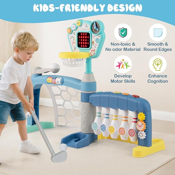OLAKIDS Toddler Basketball Hoop, 5 in 1 Adjustable Baby Activity Sports Center with Soccer Bowling Baseball Golf Set, Indoor Outdoor Foldable Kids Play Toy with Lights Music for Boys Girls