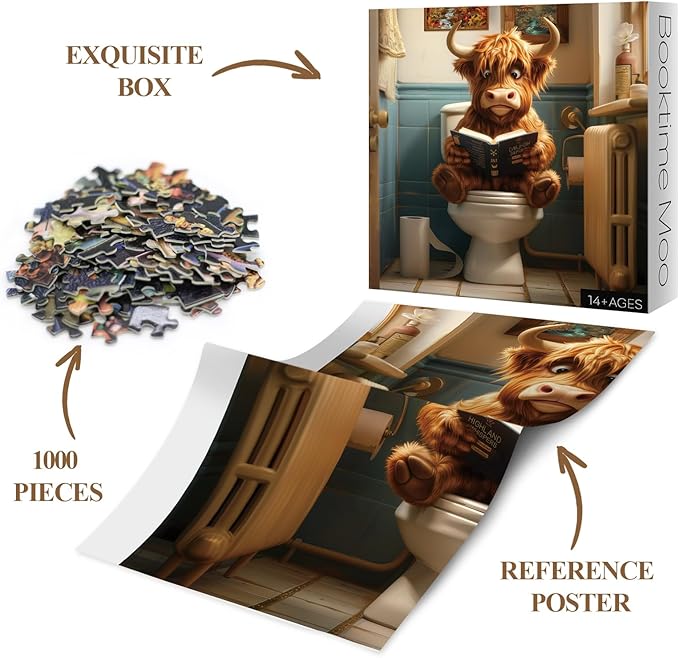 Funny Highland Cow Puzzle for Adults 1000 Pieces, Cute Reading Book Animal Jigsaw Puzzle, Bathroom Toilet Paper Puzzle
