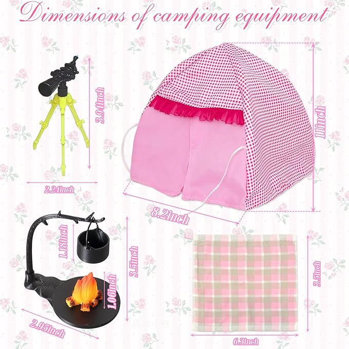 35 Pcs Travel Camping Tent Playset for Girl Dolls, 1 Tent 1 Picnic Mat 1 Telescope 20 Pcs Campfire and Food Sets 3 Outfits 3 Shoes 2 Glasses, Camping Accessories for 11.5 inch Doll