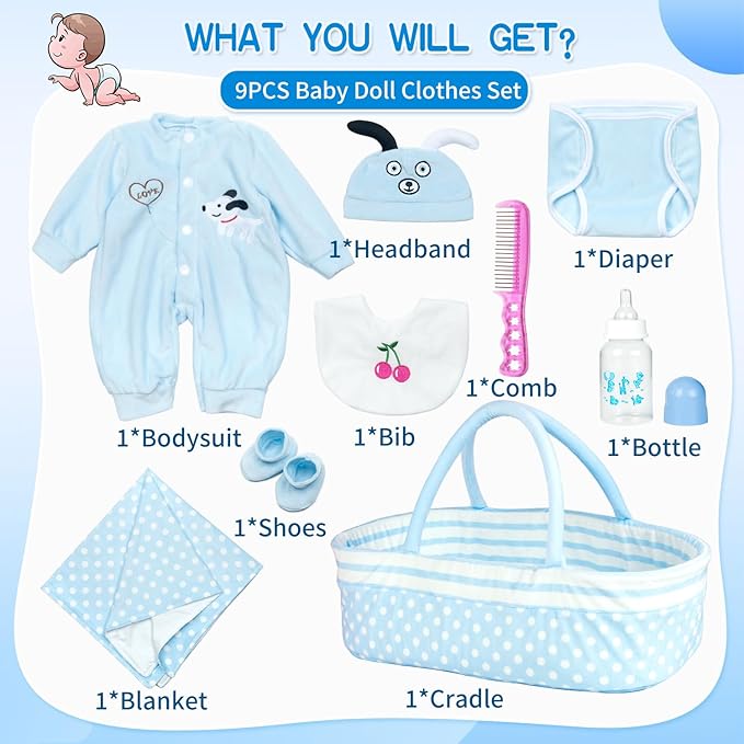 PEDOLLTREE Reborn Baby Dolls Clothes Boy Outfit Accessories Blue Puppy 9 Pcs Set for 17-20 Inch Reborn Doll Newborn Boy with Blue Dot Bassinet
