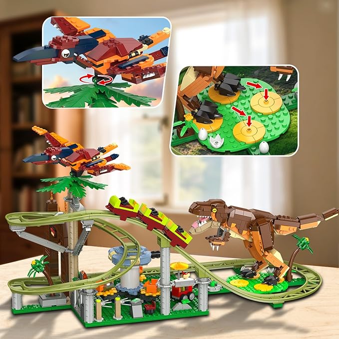 HOGOKIDS Dinosaur Roller Coaster Building Set - 1222 PCS Roller Coaster Building Toy with 4 Dinosaur, Off-Road Vehicle, Food Cart, Dinosaur Models Playset, Gifts for Adults Girls Boys Ages 8-12 Years
