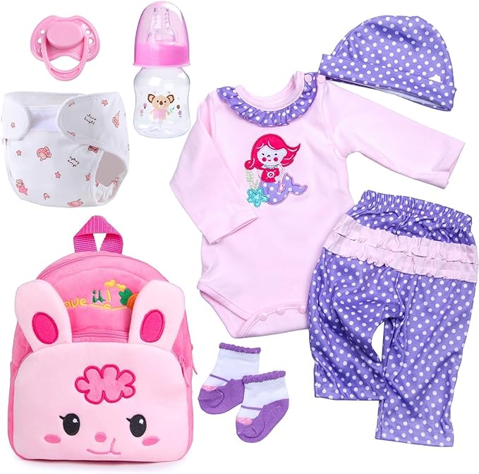 8 Pcs Reborn Baby Doll Clothes Girl Pink Accessories Set for 17-22 Inch Reborn Doll Clothes with Diaper Bag Kids Purple Gift Set