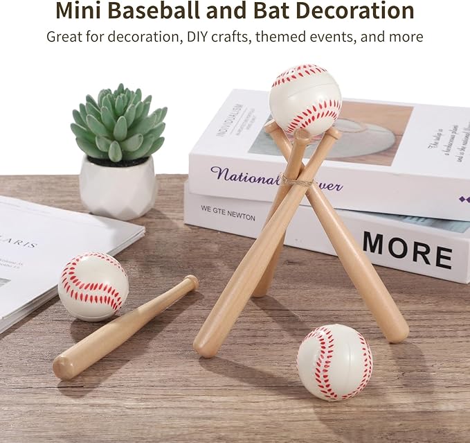 24PCS Mini Baseball Bats Mini Foam Sports Balls, 7.9 in Small Wooden Baseball Bats, 2 in Foam Baseball Balls, DIY Paintable Wood Bat for Baseball Party Supplies Sports Theme Decoration (24PCS)