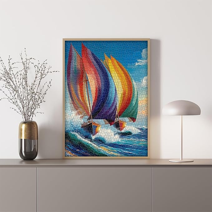 Impossible Puzzles for Adults 1000 Pieces,Ocean Colorful Sailboat Puzzle Diamond Art, Sea Sailing Challenge Jigsaw Puzzle