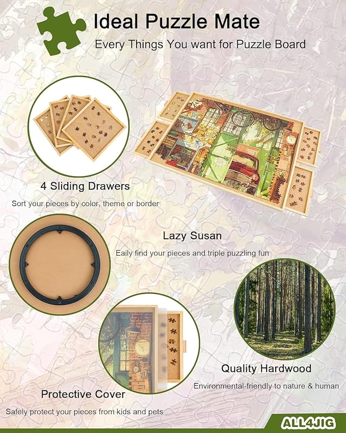 ALL4JIG 1000 Piece Rotating Puzzle Board with 4 Drawers 20.94"x28.74"Portable Wooden Jigsaw Puzzle Table for Adults Portable,Lazy Susan Spinning Puzzle Boards Birthday Gift for mom