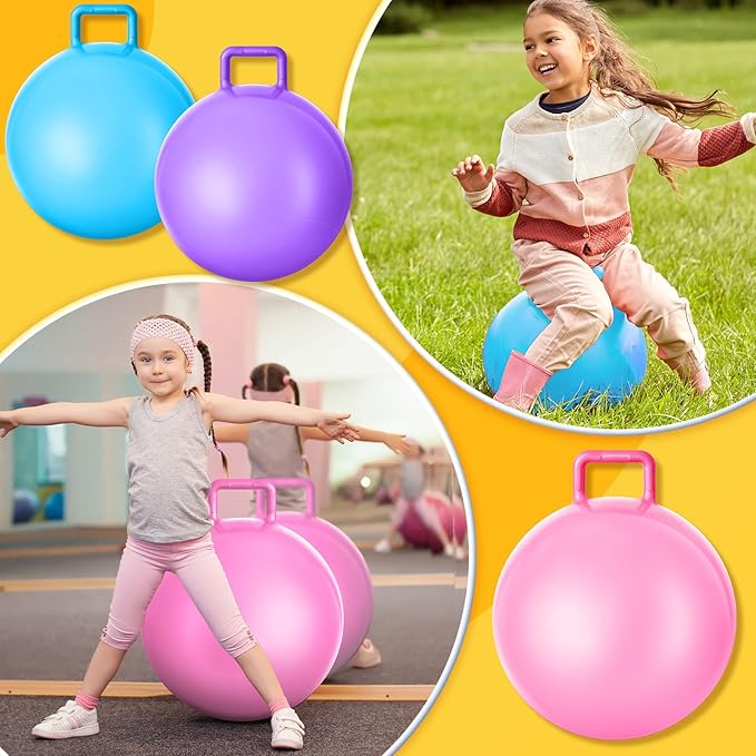 Lewtemi 3 Pcs 18 Inch Bouncing Ball with Handle, Outdoors Hopper Jumping Hopping Ball and Air Pump for Sports Exercise (Light Pink, Light Blue, Purple)