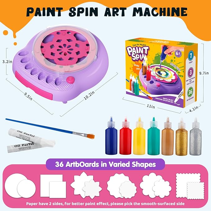 Spin Art Machine for Kids, Paint Spinner Arts and Crafts Kit with 7 Washable Paints & 36 Art Boards, Painting Art Kits for Boys Girls Ages 4 5 6 7 8 9 10 11 12, Birthday Gift Purple