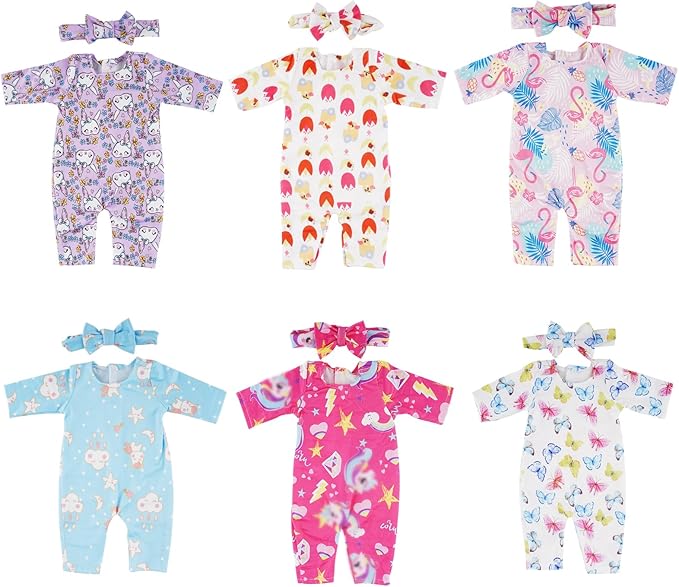 6 Sets Doll Clothes and Headbands Pajamas for 15-18 Inch Dolls, Cute Pattern Jumpsuit Outfits, 12 PCs Total Doll Accessories
