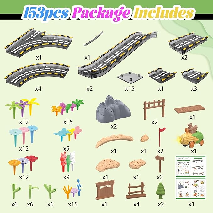153PCS Magnetic Tiles Road Set with Toy Car & Flowers Building Toy, Magnet Tiles for Kids, Magnetic Building Blocks, STEM Toy Gift for Boys and Girls, Garden Track Themed