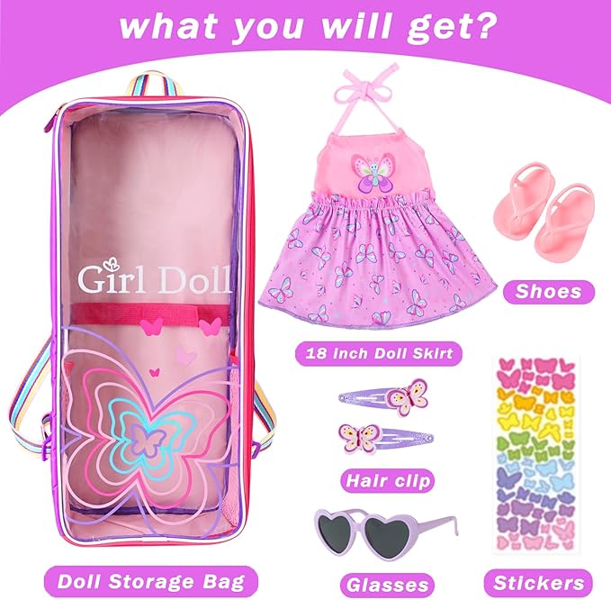 Ecore Fun 18 Inch Doll Carrier Backpack, 7Pcs Travel Doll Clear Display Storge Bag with Doll Clothe and Accessories for Take Doll Out, Girl Birthday Gift