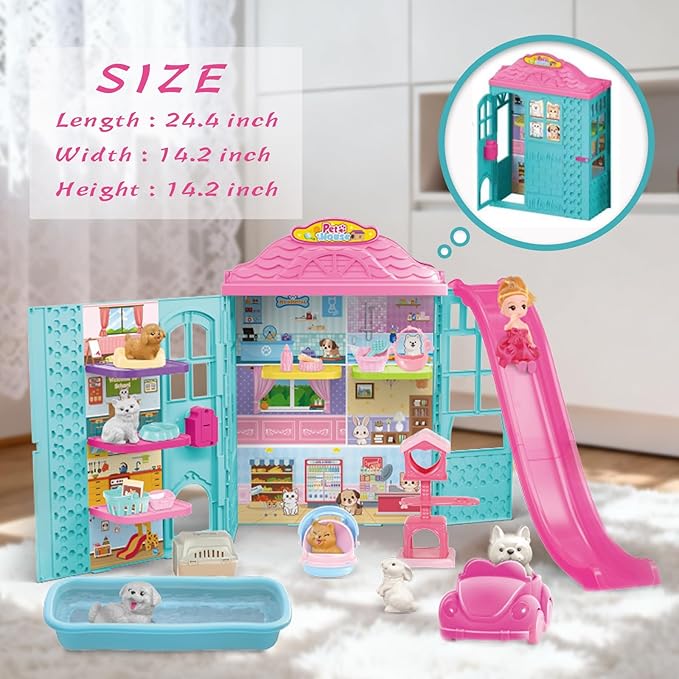 Doll Pets House, Doll Playset with Cats, Furniture, Pet Bowl, Cat Litter Box, Pool Accessories, DIY Pretend Toys for 3 4 5 6 7 8 9 10 Year Old Kids