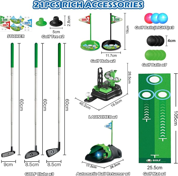 Upgraded Kids Toy Golf Set, 3 in 1 Golf Toys with Dinosaur Automatic Ball Returner & Ball Launcher Led Light Up Balls, Mini Golf Toy for Ages 3-8, Indoor Outdoor Sports Gift for Boys Girls