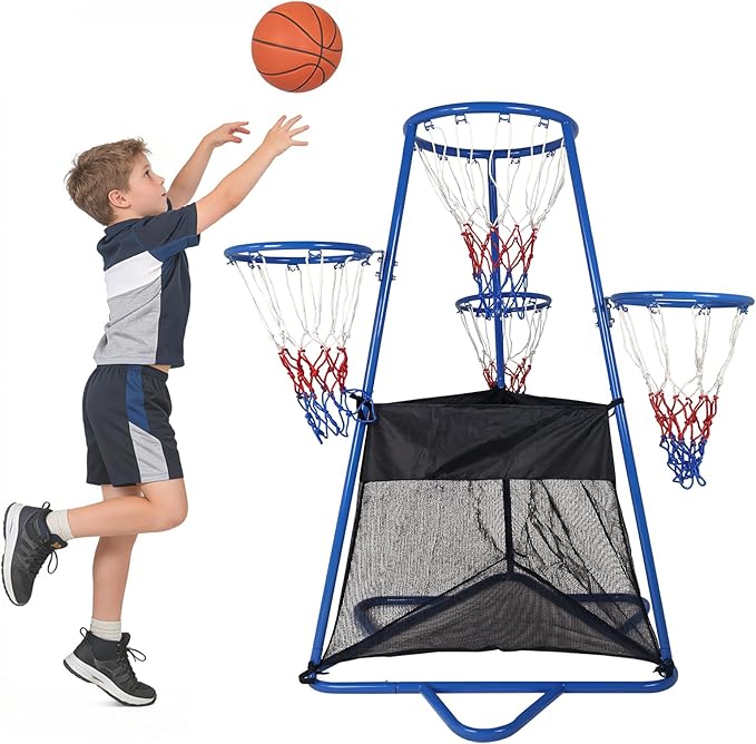 GarveeHome 4-Hoop Kids Basketball Set,Indoor & Outdoor Toddler Basketball Goal for Ages 3-6, Preschool Sports Toy with 4 Balls and Pump, Fun Active Play Gift