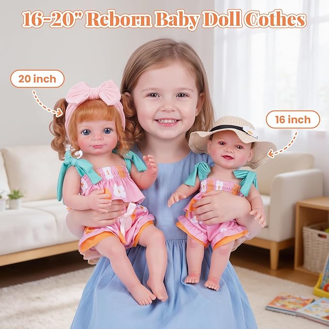 BABESIDE 7-Piece Reborn Baby Doll Clothes Set for 16–20 Inch Dolls, Washable Floral Outfit for Realistic Babydoll with Hat, Bag and Headband, Baby Doll Accessories Pretend Play Set for Kids