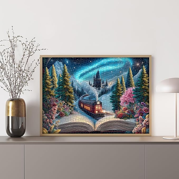 PICKFORU Train Puzzle for Adults 1000 Pieces, Fantasy Book Nature Plant Flower Puzzles,Forest Vintage Floral Scenery Jigsaw Puzzle Challenge
