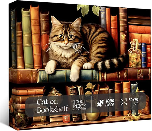 Vintage Cat Puzzles for Adults 1000 Pieces, Funny Kitten Book Jigsaw Puzzles, Retro Cat Bookshelf Animal Puzzle as Kitty Decor