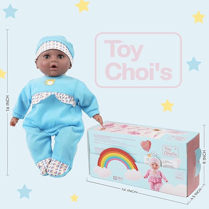 Toy Choi's Interactive Baby Doll Blue - 16 Inch Crying Talking Feeding Dolls with Different Sounds and Accessories, Pretend Play Preschool Toys for 2 3 4 5+ Year Old Girls Boys Gift, Black Doll