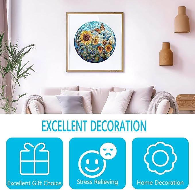Wooden Puzzles for Adults - Glass Sunflower Wood Puzzle 600 Pieces, Unique Shaped Wooden Jigsaw Puzzles for Adults, Wood Puzzles Adult, Perfect for Birthday Gift, Family Puzzle, 17.3 * 17.3in, XL
