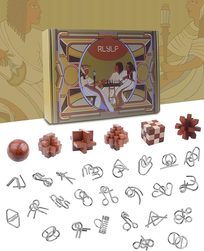 RLYLF 30pcs Brain Teaser Puzzles Game for Adults and Kids Ancient Wooden and Metal Puzzles 3D Educational Toys IQ Logic Train Family Games Party Favor Coffee Time Unlock Interlock Puzzles Box