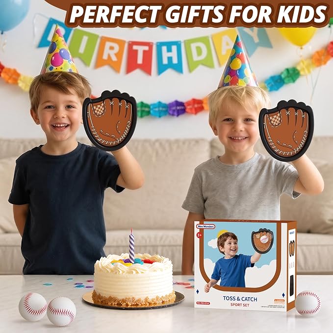 Toss and Catch Ball Set, Toddler Baseball Glove Includes 2 Paddles & 3 Sticky Balls, Catching Ball Game for Beach Yard Pool Outside, Indoor Outdoor Toys Gifts for Kids Ages 3-12, Brown