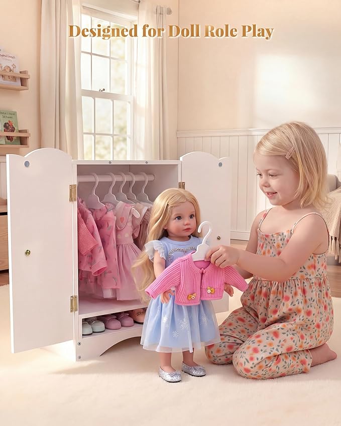 Wooden Baby Dolls Closet with 10 Hangers & Shelf, 12-16 Inch Doll Wardrobe for Baby Doll Clothes Storage, Magnetic Closure & Easy Assembly, Baby Doll Accessories Furniture