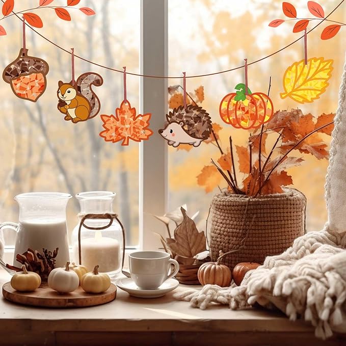 Feifeiya 24 Sets Fall Crafts Kit DIY Autumn Paper Crafts with Colored Tissue Paper Sticker Tools Fall Harvest Pumpkin Leaf Acorn Squirrel Suncatcher Ornaments for Classroom Thanksgiving Activity Arts