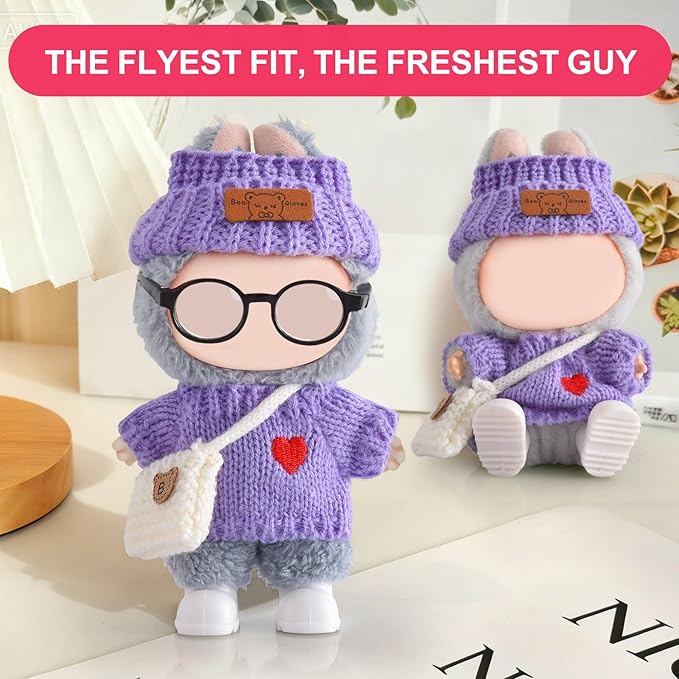 Doll Clothing for Labubu, Premium Outfits for Labubu Dressing up, Handcrafted Crochet Doll Accessories for Labubu with Sweater, Hat, Glasses, Small Bag, Boots(Purple)