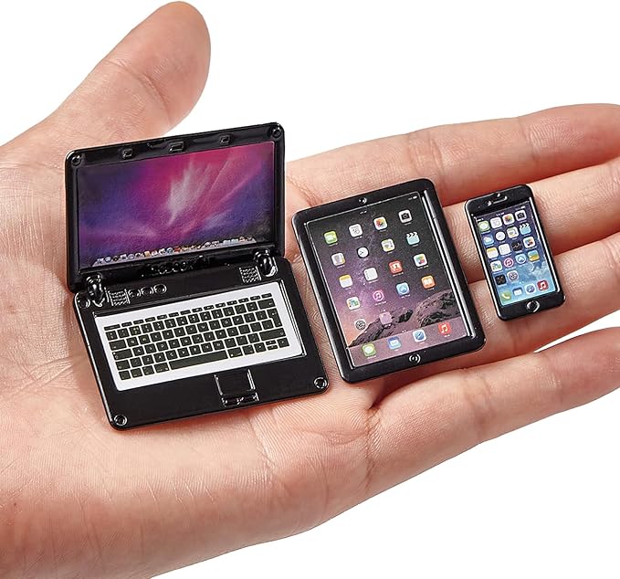 Dollhouse Furniture Accessories Laptop, 1/12 Scale 1/6 Scale Miniature Phone Tablet Mini Stuff Things Doll House Mini Play Set Accessories 3 Pcs(Black)
