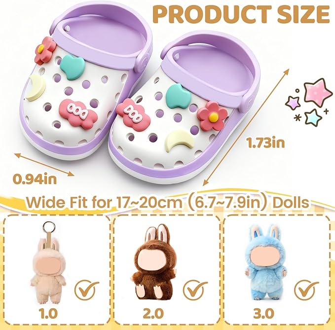 Doll Shoes,6.7in(17cm) Plastic Doll Dress up Shoes,Doll Decoration Accessories for Mini Clog Shoes with Cute Decoratives,Dual-Tone Oil Painting Design with Removable Ornament (Purple)