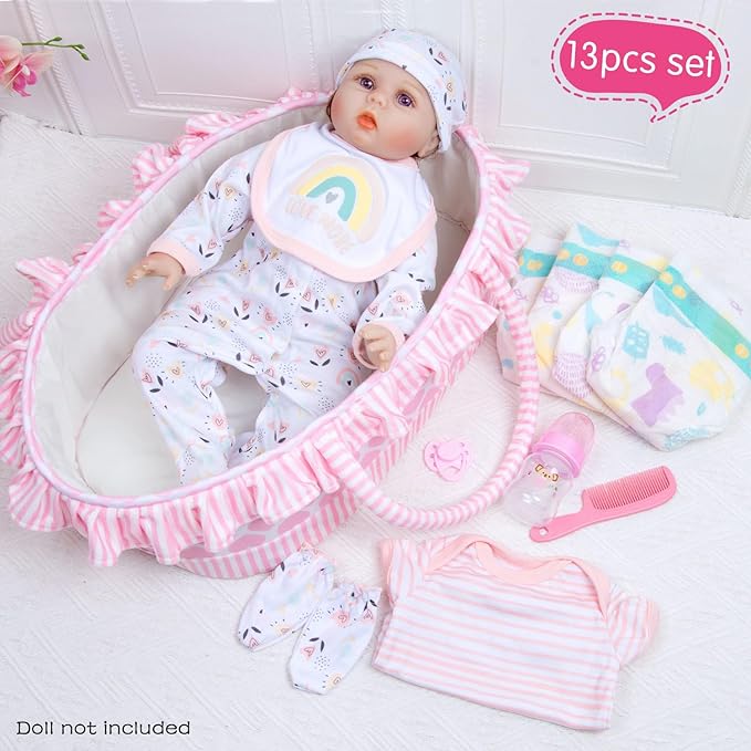 13 Pcs Baby Doll Accessories Set for 17-22 Inch Girl Baby Dolls, Reborn Baby Doll Clothes with Heart Bassinet Pink Basket Newborn Doll Outfits Kids Pretend Play Set