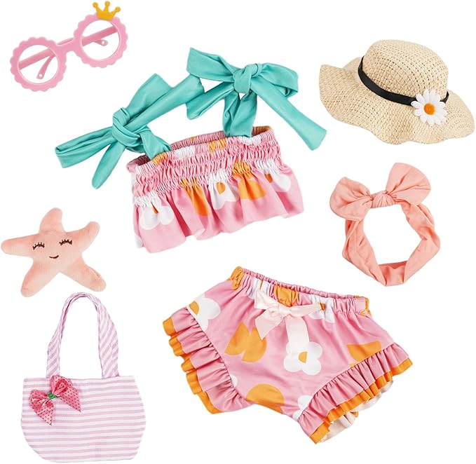 BABESIDE 7-Piece Reborn Baby Doll Clothes Set for 16–20 Inch Dolls, Washable Floral Outfit for Realistic Babydoll with Hat, Bag and Headband, Baby Doll Accessories Pretend Play Set for Kids
