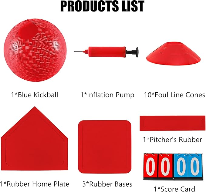 Kickball Set with Bases and Ball - 8.5" Kickball, Rubber Throw Down Bases, Sports Traning Cones, 12" Pump and 14" Scoreboard - Perfect for Kids and Adults - Playground and Backyard Game