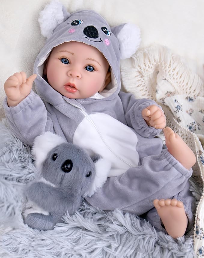 Aori 17 Inch Lifelike Baby Dolls Realistic Doll with Real Life Lightweight Soft Body & Grey Outfits, for Girls 3+ Role Play, Adoption Day, Photography Prop, Collectible